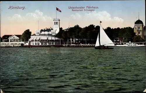 Ak Hamburg Nord Uhlenhorst, Fährhaus, Außenansicht, Blick vom Wasser aus, Segelboot