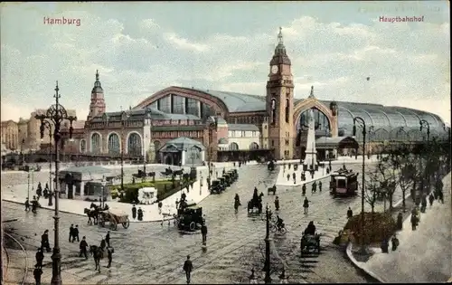 Ak Hamburg Mitte St. Georg, Partie am Hauptbahnhof, Kutsche, Straßenbahn