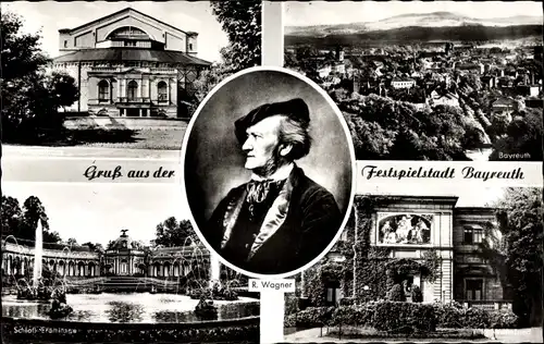 Ak Bayreuth in Oberfranken, Gesamtansicht, Festspielhaus, Richard Wagner, Schloss