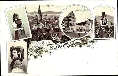 Litho Freiburg im Breisgau, Münster, Universität, Frauen in Tracht