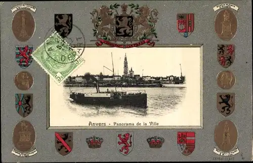 Präge Wappen Ak Anvers Antwerpen Flandern, Panorama de la Ville, Wappen