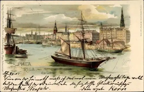 Litho Riga Lettland, Hafen, die Düna