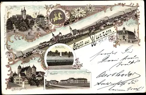Litho Wurzen in Sachsen, Domkirche, Rathaus, Kaserne, Amtsgericht, Parkteich, Stadtpanorama, Wappen