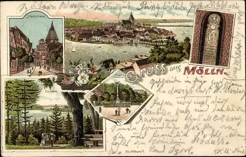 Litho Mölln in Lauenburg, Marktstraße, Schmalsee, Kriegerdenkmal, Till Eulenspiegel Grabmal