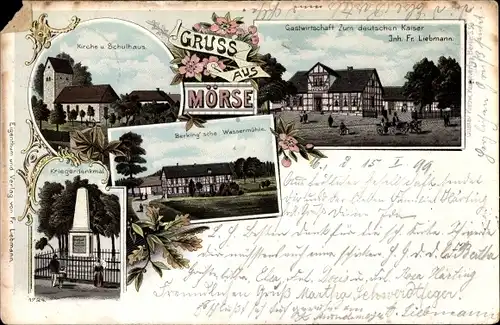 Litho Mörse Wolfsburg in Niedersachsen, Gastwirtschaft Liebmann, Kirche, Schulhaus, Denkmal