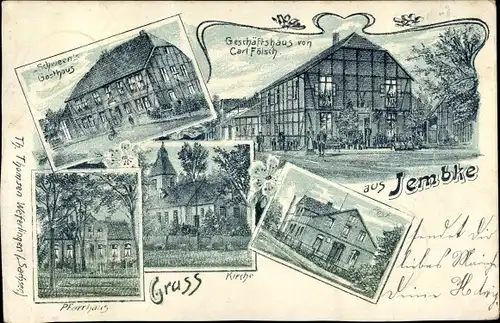 Ak Jembke in Niedersachsen, Geschäftshaus C. Fölsch, Schween's Gasthaus, Kirche, Pfarrhaus