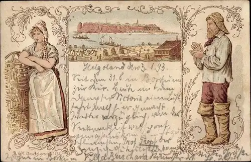 Litho Nordseeinsel Helgoland, Ansicht der Insel, Frau und Mann in volkstümlicher Tracht