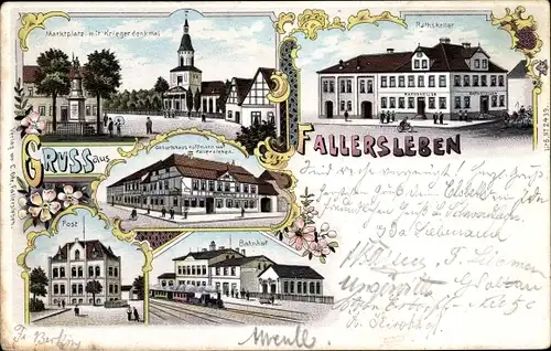 Litho Fallersleben Wolfsburg, Marktplatz mit Kriegerdenkmal, Ratskeller, Post