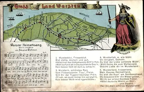 Litho Midlum im Rheiderland Ostfriesland, Liedkarte Gruß aus Land Wursten, Landkarte, Wursata