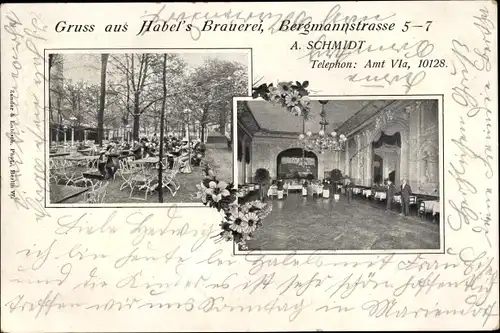 Ak Berlin Kreuzberg, Gruß aus Habel's Brauerei Bergmannstraße, Gartenlokal, Innenansicht