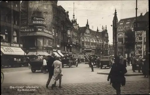 Ak Berlin Mitte, Spittelmarkt, Straßenverkehr, Leiser Reklame, Musikhaus, Cigarren Albrecht