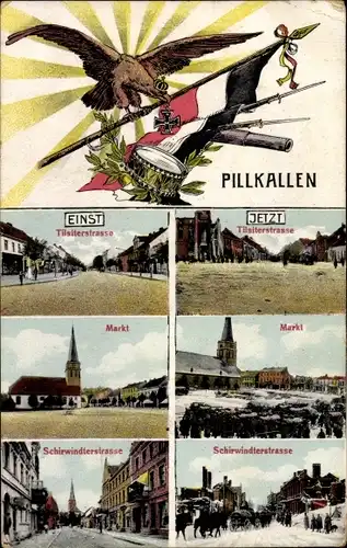 Ak Dobrowolsk Pillkallen Ostpreußen, Ansichten Einst und Jetzt Tilsiterstraße, Markt, Schirwidterstr