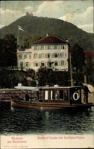 Ak Bodman Ludwigshafen am Bodensee, Gasthof Linde mit Schloßruine vom Wasser aus gesehen