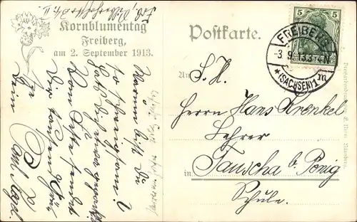 Künstler Ak Freiberg im Kreis Mittelsachsen, Schippchenberg, Donatsturm, Kornblumentag 1913