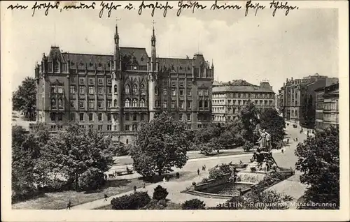 Ak Szczecin Stettin Pommern, Rathaus, Manzelbrunnen