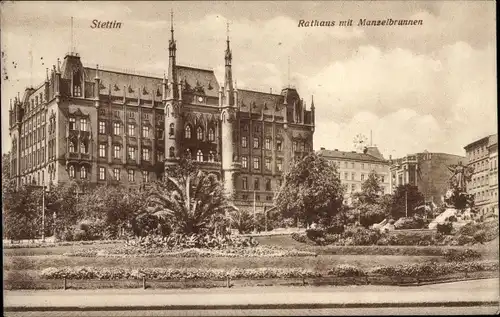 Ak Szczecin Stettin Pommern, Rathaus, Manzelbrunnen