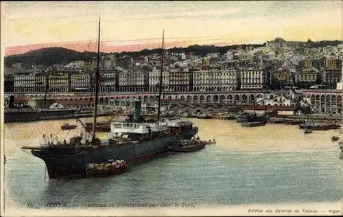 Ak Algier Alger Algerien, Panorama et Transatlantique dans le Port