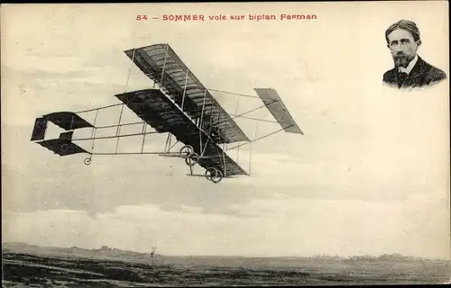 Ak Sommer vole sur biplan Farman, Flugzeug