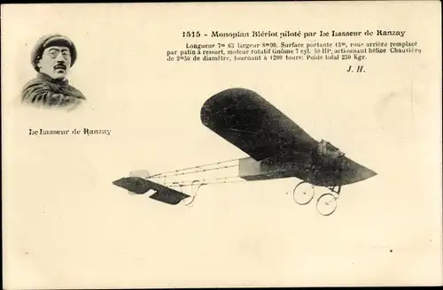 Ak Flugzeug, Monoplan Bleriot pilote par Le Lasseur de Ranzay