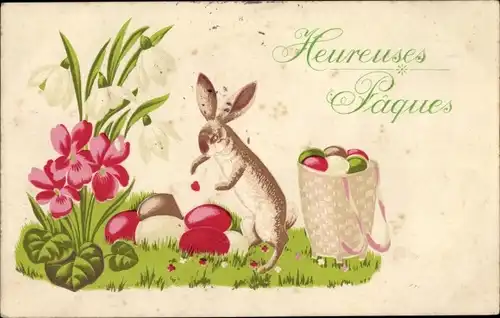 Präge Ak Glückwunsch Ostern, Osterhase, Ostereier, Korb, Blumen