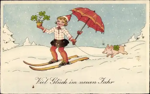 Ak Glückwunsch Neujahr, Mädchen fährt Ski, Glücksklee, Schwein