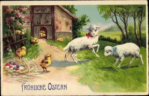 Ak Glückwunsch Ostern, Lämmer, Küken, Ostereier, Bauernhof