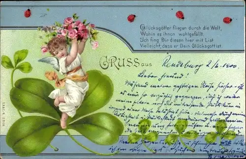 Litho Engel mit Blumenstrauß, Glücksklee