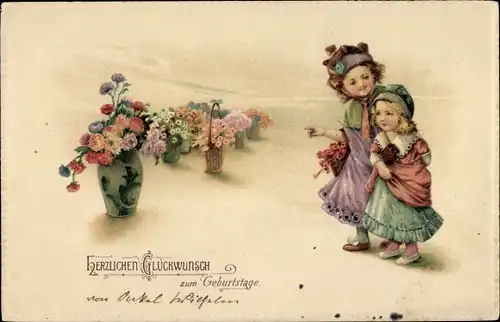 Präge Ak Glückwunsch Geburtstag, Kinder, Blumen, Blumenvasen