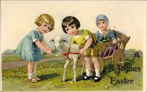 Ak Glückwunsch Ostern, Kinder mit Lamm, Wagen