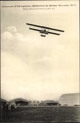Ak Concours d'Aeroplane Militaires de Reims 1911, Biplan Maurice Farman
