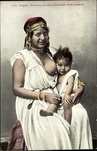 Ak Algerien, Femme arabe allaitant son enfant, Frau mit entblößter Brust und Kleinkind, Maghreb