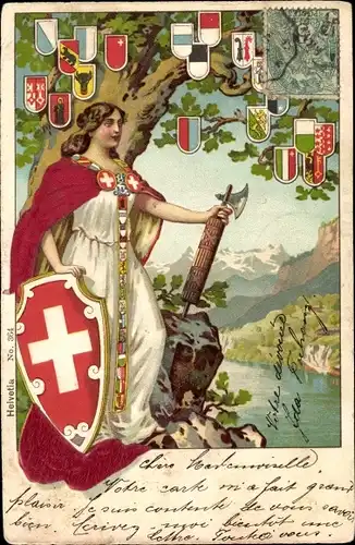 Präge Wappen Litho Schweiz, Helvetia, Axt, Patriotik, Kantonswappen
