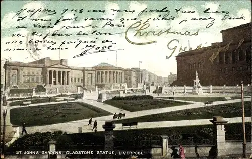 Ak Liverpool Merseyside England, St John's Gardens and Gladstone Statue