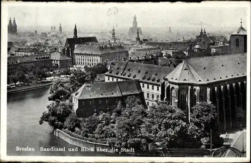 Ak Wrocław Breslau Schlesien, Sandinsel und Blick über die Stadt