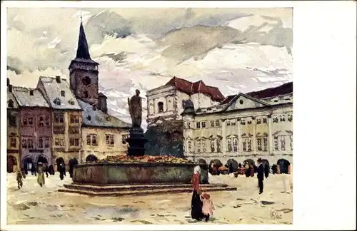 Künstler Ak Jičín Jitschin Region Königgrätz, Namesti, Platz, Denkmal, Kirchturm