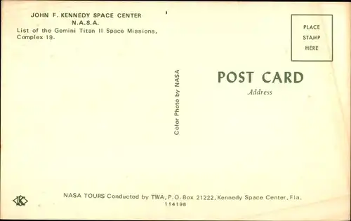 Ak Kennedy Space Center Florida, List of the Gemini Titan II Space Missions, Complex 19, Infotafel