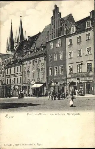 Ak Cheb Eger Reg. Karlsbad, Patritzier-Häuser am unteren Marktplatz