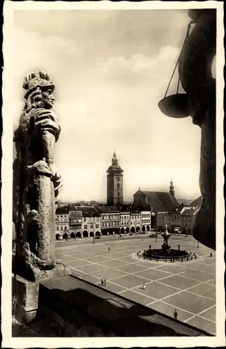 Ak České Budějovice Budweis Südböhmen, Platz, Statue