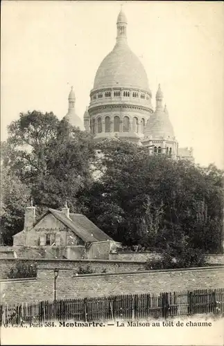 Ak Paris XVIII. Buttes Montmartre, Le Maison au toit de chaume, Sacre Coeur