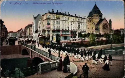 Ak Strasbourg Straßburg Elsass Bas Rhin, Kleberstaden, Synagoge, Soldatenkompanie