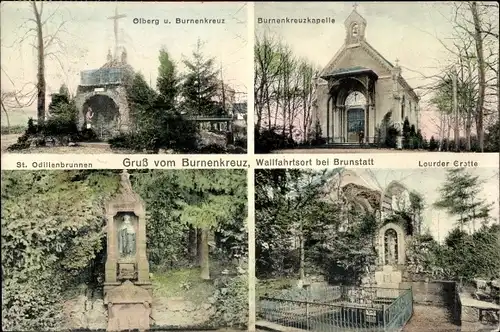 Ak Brunstatt Elsass Haut Rhin, Olberg, Burnenkreuz, Burnenkreuzkapelle, Lourder Grotte, Brunnen