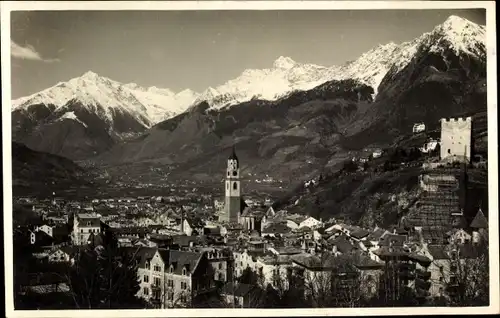 Ak Meran Merano Südtirol, Panoramaansicht der Stadt, Kirche, Burg, Gebirge