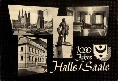 Ak Halle an der Saale, Marktplatz, Englandzimmer im Händelhaus, Händelhaus, Händel-Denkmal