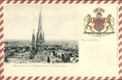 Passepartout Ak Hamburg Mitte Altstadt, Wappen, Panorama vom Rathausturm St. Petri Jacob