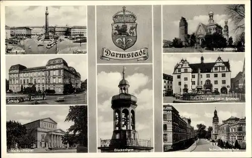 Ak Darmstadt in Hessen, Schloss, Landestheater, Glockenturm, Rathaus, Künstlerkolonie, Luisenplatz