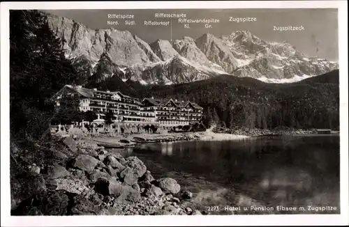 Ak Grainau in Oberbayern, Eibsee, Hotel und Pension Eibsee m. Zugspitze