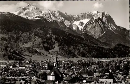 Ak Garmisch Partenkirchen in Oberbayern, Panorama, Kirche, Berge