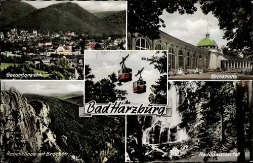 Ak Bad Harzburg am Harz, Gesamtansicht, Trinkhalle, Rabenklippe mit Brocken, Radauwasserfall