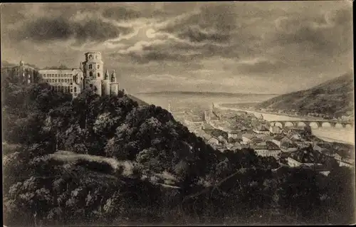 Ak Heidelberg am Neckar, v. d. Terrasse bei Mondschein gesehen, Panorama