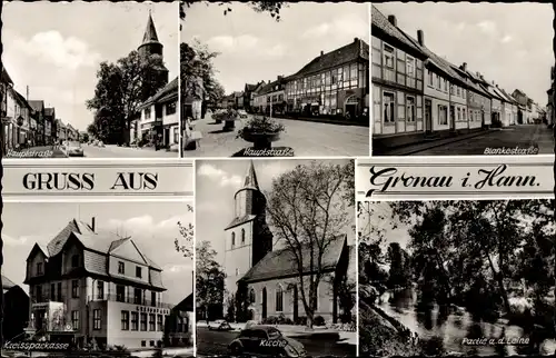 Ak Gronau an der Leine Niedersachsen, Hauptstraße, Kreissparkasse, Kirche, Partie an der Leine